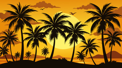 Fototapeta premium Vibrant tropical sunset with silhouetted palm trees and distant mountains over calm ocean waters
