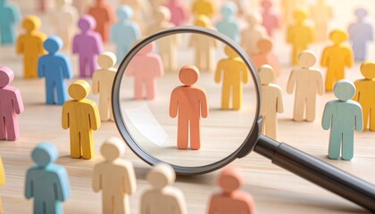 Human resources and recruitment concept, focusing on a single candidate with a magnifying glass for job hiring and talent acquisition