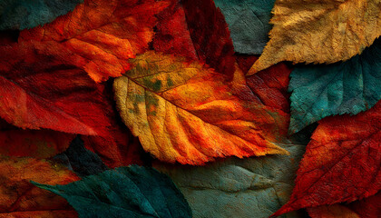 An abstract celebration of the autumn season. A vibrant and textural composition of changing leaves in shades of red, orange, and yellow, symbolizing the quiet beauty and rich palette of fall