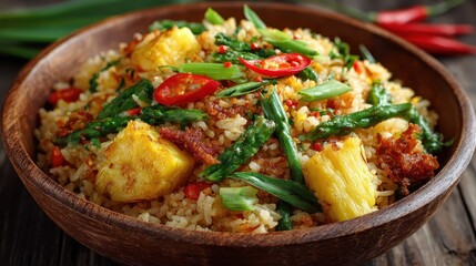Fototapeta premium Pineapple Fried Rice with Asparagus and Chili Peppers in Wooden Bowl