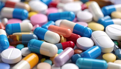 A vibrant array of pharmaceutical pills and capsules, showcasing the diversity of modern medicine and healthcare, symbolizing well-being and treatment solutions