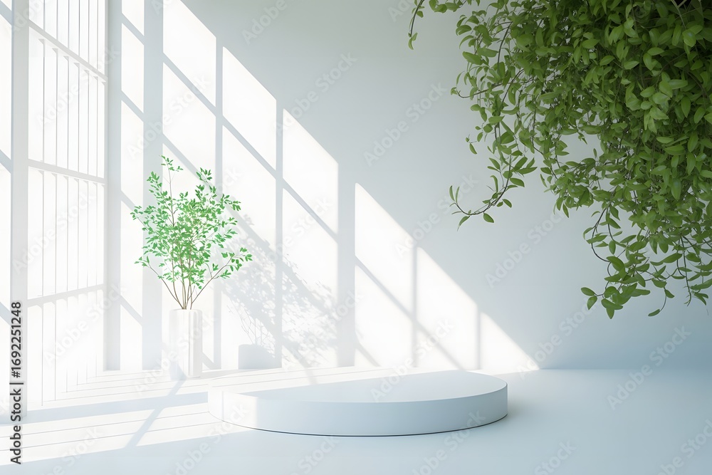 Poster bright and airy minimalist interior scene with a white podium and lush green foliage casting shadows