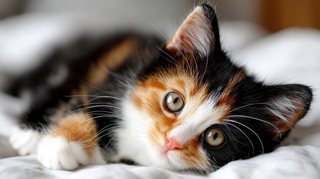 Adorable Calico Kitten Resting on White Bedding, Close-up Portrait