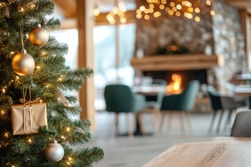 Cozy rustic christmas living room with stone fireplace and decorated tree
