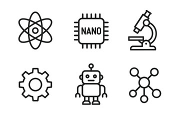 Science and technology icons: atom, nanochip, microscope, gear, robot, molecule