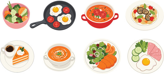 Vector Illustration of Healthy Meals with Eggs, Soup, Salad, Pasta, Cake, Coffee – Top View Assorted Food Dishes Set