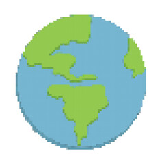 Pixel planet on white background, pixel earth for games and websites, World Earth Day, gaming user interface, nature conservation and save environment concept, Earth with continents in cartoon style