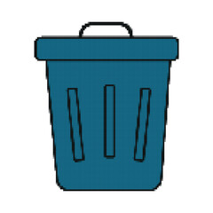 Dark blue pixel trash can on white background, trash container with lid for sorting garbage, waste recycling concept, pixel trash can for games and websites, gaming user interface
