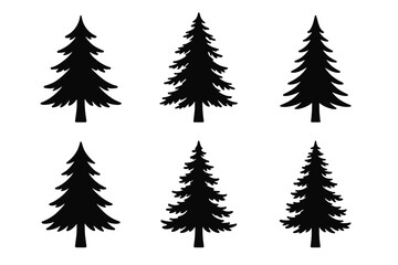 Set of six evergreen tree silhouettes with distinctive shapes