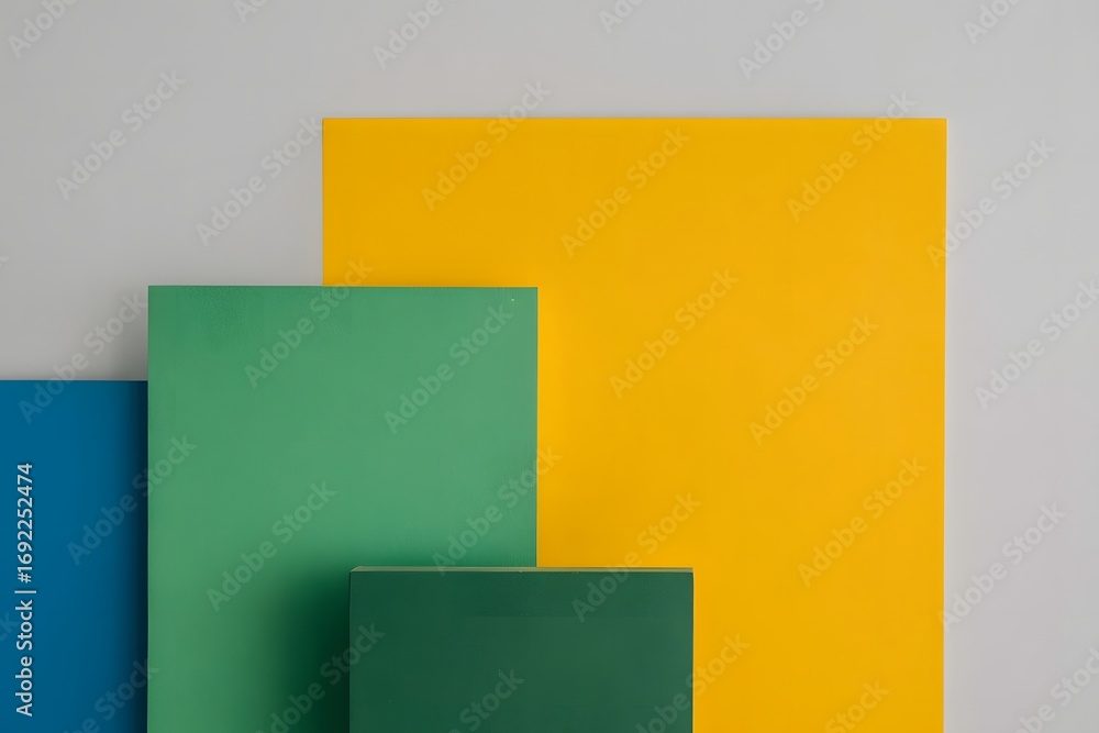 Poster abstract arrangement of overlapping rectangular sheets of vibrant blue green and yellow paper creati