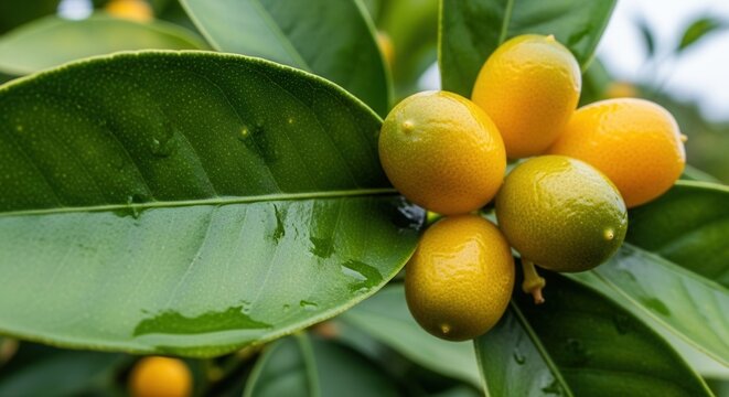 Close-up of Kumquats on a Tree with Vibrant Green Leaves Displaying Freshness and Growth - Powered by Adobe