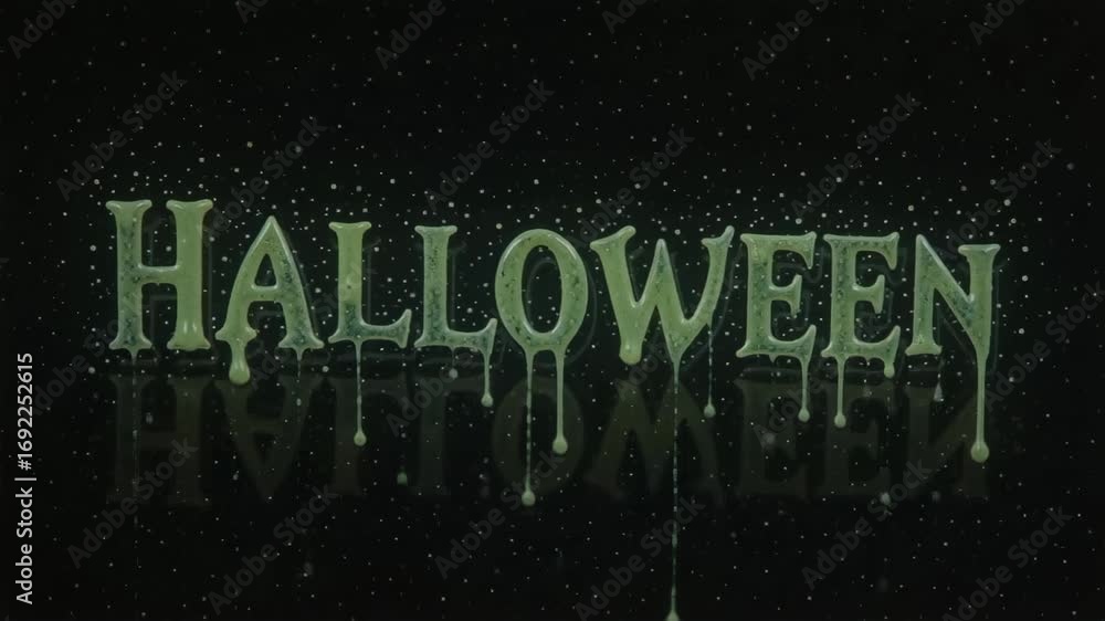 Poster glowing green halloween text with dripping effect on a starry background creating a spooky atmospher