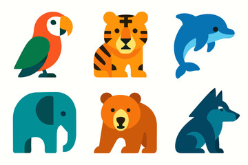 Colorful animal icons featuring parrot, tiger, dolphin, elephant, bear, and wolf