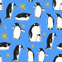 Obraz premium Set of king imperial penguins in different poses. Adult birds and chick. Standing, lying down, walking penguins. Cute adorable birds. Hand drawn modern Vector illustration. Square seamless Pattern