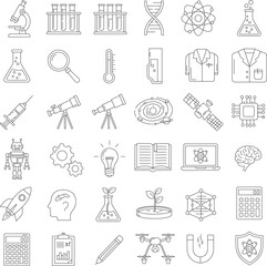 Fototapeta premium A comprehensive collection of scientific symbols and icons in a minimalist, vector-style line art, Perfect for educational material.