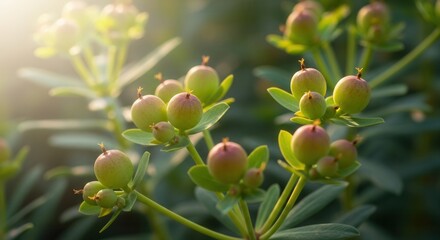 Euphorbia plant with unripe fruits basking in warm sunlight in garden setting