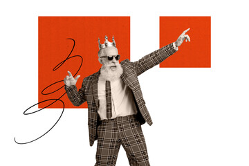 Composite photo collage of happy old gray haired man wear plaid suit dance party coronation prom...