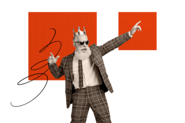 Composite photo collage of happy old gray haired man wear plaid suit dance party coronation prom crown king isolated on painted background