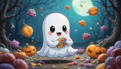 Obraz premium Joyful ghost collects candy in spooky forest halloween theme cartoon art nighttime whimsical concept