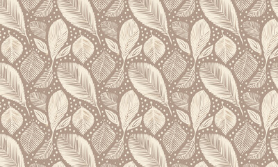 Fototapeta premium Hand Drawn Textured Boho Leaves Seamless Pattern