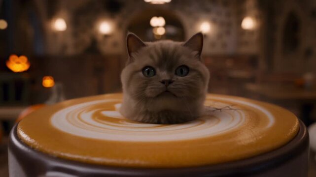 Funny halloween fantasy scene, tiny cat sitting inside giant pumpkin spice latte cup with spiderweb foam art in decorated cafe. Cozy cute magical atmosphere. Concept of halloween parody coffee