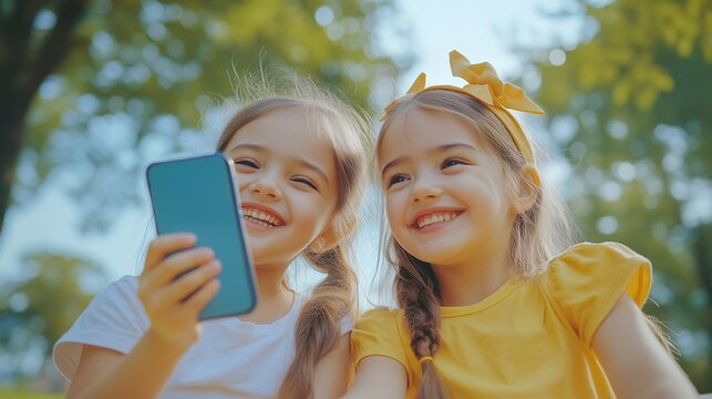 Two little girls smiling and holding cell phone. Video of sisters in park embracing and laughing. A young girl captures a selfie on a smartphone. Two young girls grinning and lifestyle holding a.