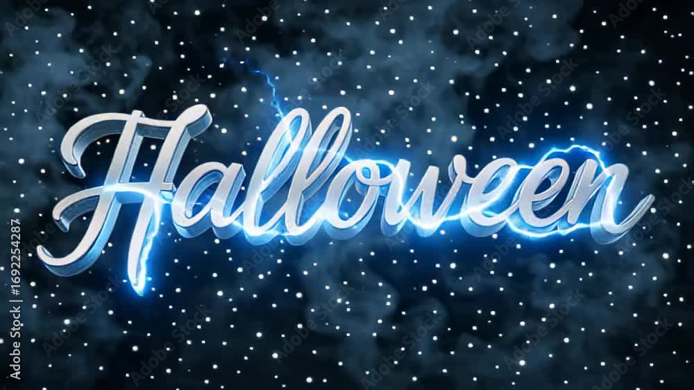 Poster illuminated text spelling halloween against a dark smoky background with floating particles
