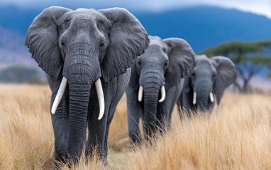 Fototapeta premium a herd of elephants in the serengeti, with one elephant leading and others following behind it