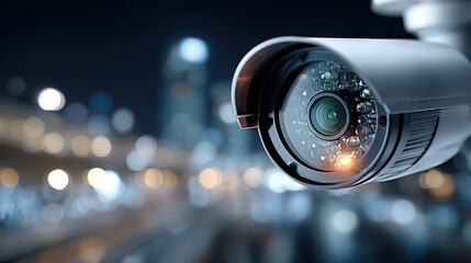 Security Camera Overlooking City at Night, Surveillance and Protection