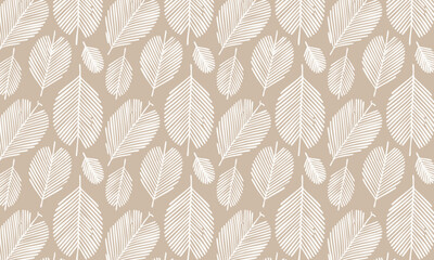Minimalist Hand-Drawn Leaves Seamless Pattern, Simple Botanical Sketch Texture Background