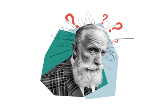 Composite trend artwork sketch image photo collage of empty space aged man senior watch one eye think mind huge question symbol what who