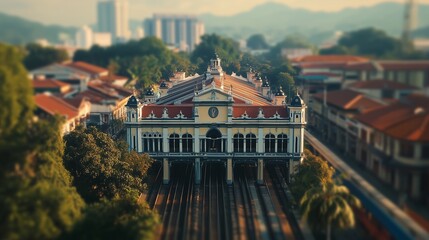 An aerial view building with train. Realistic aerial footage of railway building with a malayan perspective. Field of georgetown penang in the shallow depth of malaysia. Lifestyle a bird's-eye view.