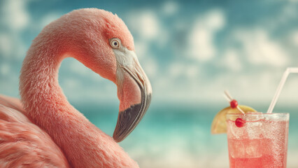 A flamingo with a cocktail on a beach.