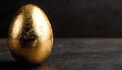 Fototapeta premium Golden Egg Resting on a Dark Surface, Showcasing Its Shiny and Textured Finish