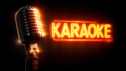 A microphone with Karaoke neon sign. Concept of invitation to Karaoke Party.