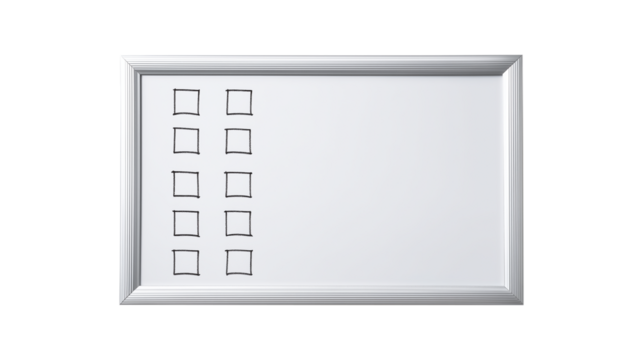 Whiteboard with multiple empty checklist boxes isolated on transparent background