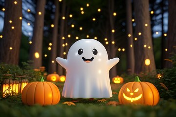 Friendly cartoon ghost in a forest with pumpkins and lanterns character halloween