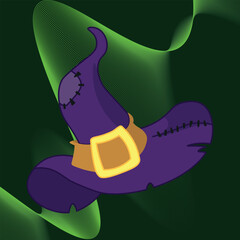 Illustration of a witch's hat. This image shows a black illustration of a witch's hat with curved brims and a pointed top, symbolizing magic and Halloween themes. Vector illustration in cartoon style.