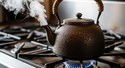 Old iron kettle steaming on a gas stove in a warm kitchen setting