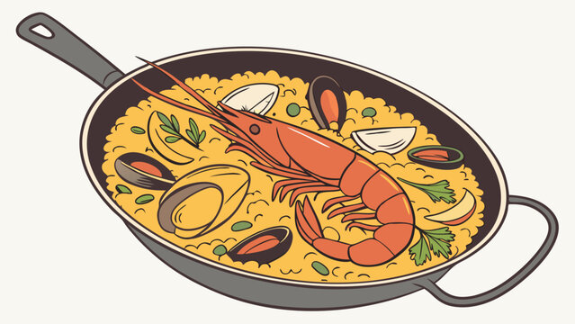 paella dish with shrimp, mussels, lemon clip art preview