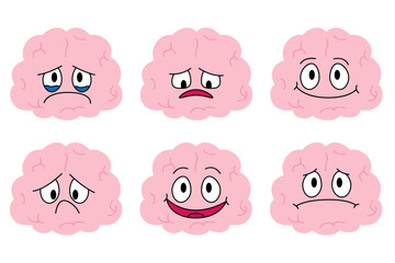Fototapeta premium Happy and tired brain cartoon character. Brain with low charge, depression, burnout, lack energy and power with high energy. Stock vector illustration isolated on white background.
