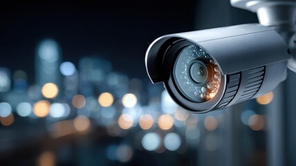 Security Camera Overlooking Cityscape at Night for Surveillance and Protection