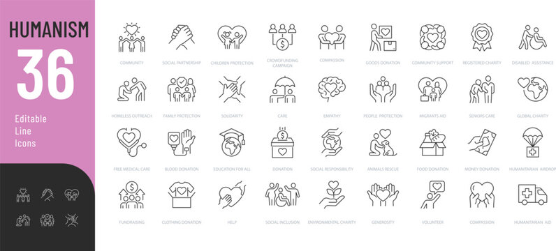 Humanism line Editable Icons set. Vector illustration in modern thin line style of volunteering related icons: parking, donation, people and animals care, and more. Isolated on transparent background.