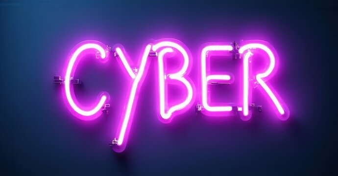 Bright pink neon sign spells CYBER against dark blue background. Futuristic aesthetic, glowing letters create vibrant visual impact.