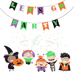 Children trick or treating in Halloween costume. Vector illustration