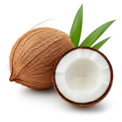 Fresh Coconut with Half Cut and Green Leaves