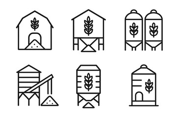 Minimalist line art of agricultural silos and barns with grain