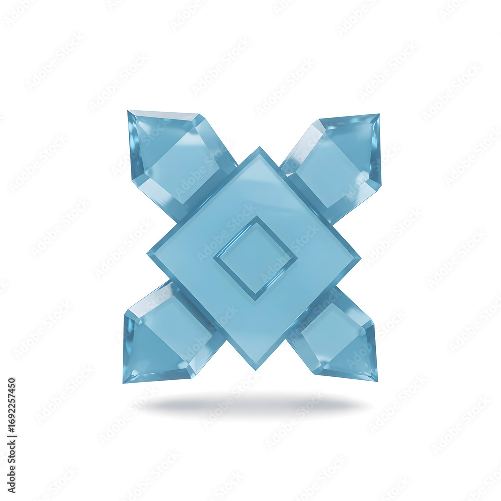Poster abstract geometric crystal shape with sharp edges glowing with cool blue light on a black background