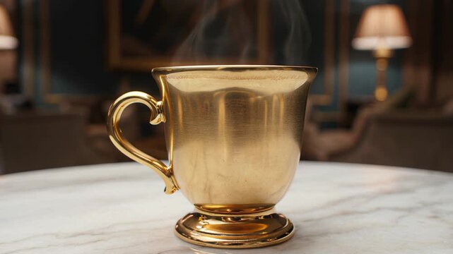 Golden vintage cup with a hot beverage.