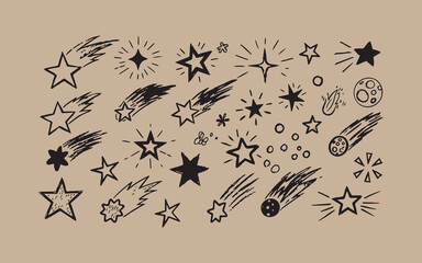 Fototapeta premium Hand drawn starbursts and shooting stars doodle collection